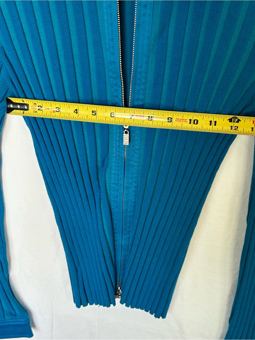Vintage Caché Y2K Blue Silk-Blend Ribbed Zip-Up Collared Long Sleeve Top Size L - Picture 11 of 11